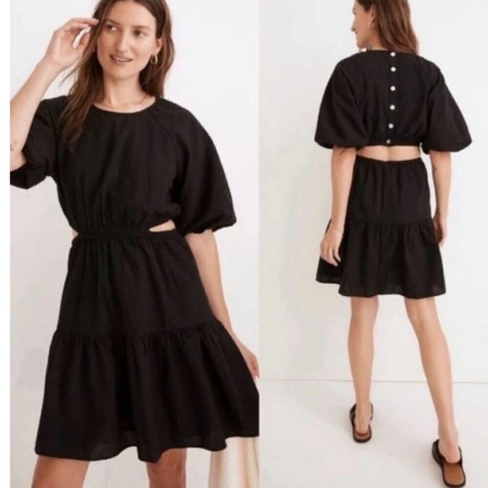 Madewell Seersucker Puff-Sleeve Cutout Mini Dress Solid Black Plus Size XXL